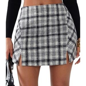Faux Wool Mini Skirt High Waisted Women's Skirt L Trendy Side Slit Tweed Plaid